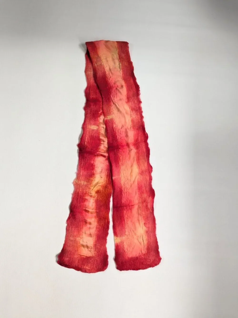 Handmade Wool Wet Felted and Silk Scarf Long OOAK Red Orange Yellow Boho